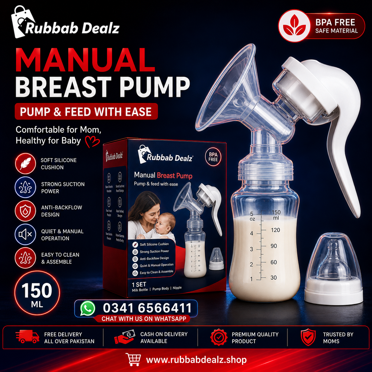 Manual Breast Pump 2-in-1 with 150ml Bottle & Silicone Nipple | BPA-Free Portable Pump for Nursing Moms