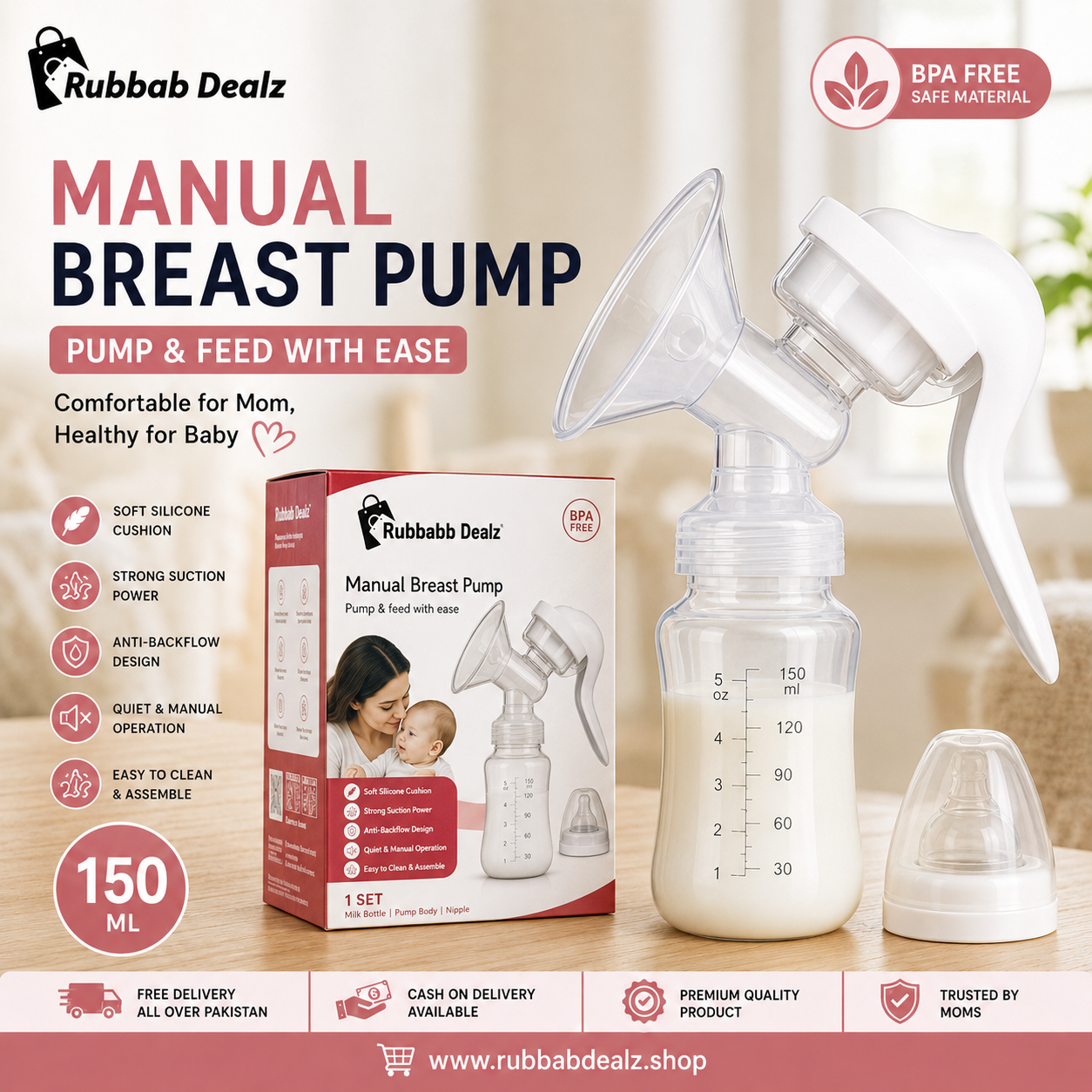 Manual Breast Pump 2-in-1 with 150ml Bottle & Silicone Nipple | BPA-Free Portable Pump for Nursing Moms
