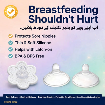  breastfeeding silicone nipples, showing a flower-shaped clear nipple and two dome-shaped silicone covers on a pastel gradient background with text listing benefits like sore nipple protection and BPA & BPS free.