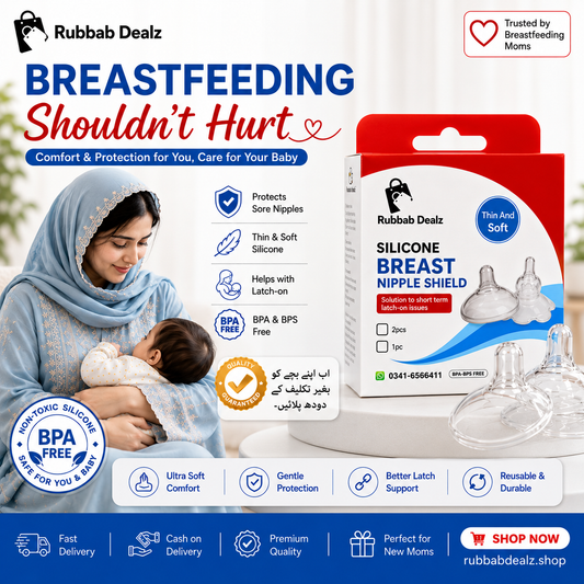 Rubbab Dealz Silicone Breast Nipple Shield, showing a woman breastfeeding a baby, the retail box, and two clear silicone nipples on a white background with feature icons and text.